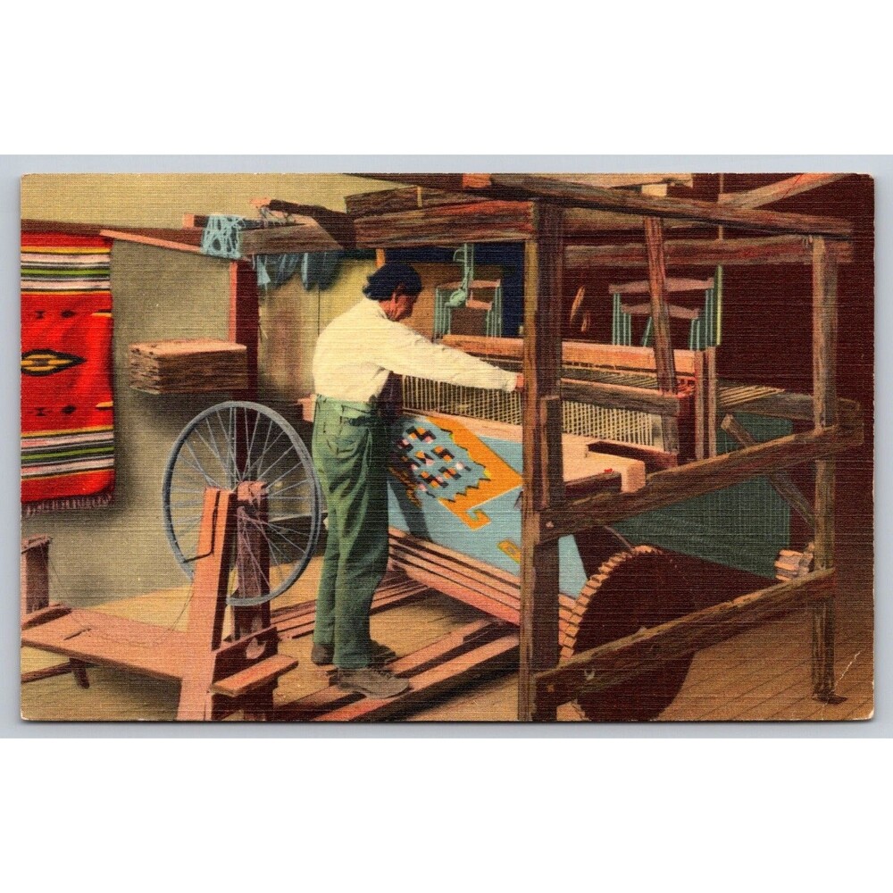 Vintage Linen Postcard 139-A  Chimayo Weaver At His Loom New Mexico J.R. Willis